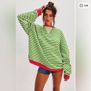 Free People Green and White Striped Oversized Sweatshirt with Pink Trim